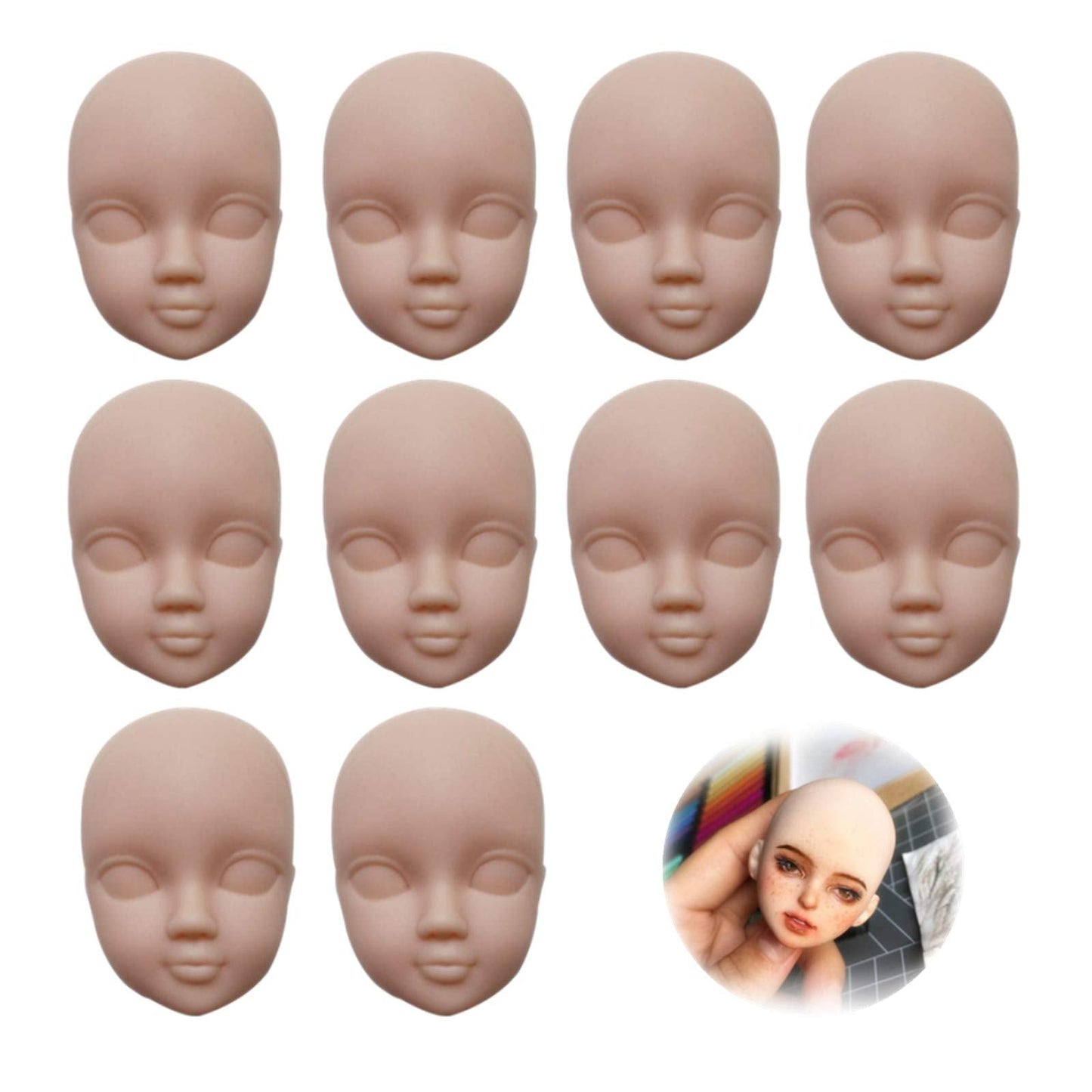 DoubleWood 10pcs 1/6 Doll Head Soft Plastic Doll Repainting Practice Makeup White Double-fold Eyelid DIY Heads for BJD Make Up