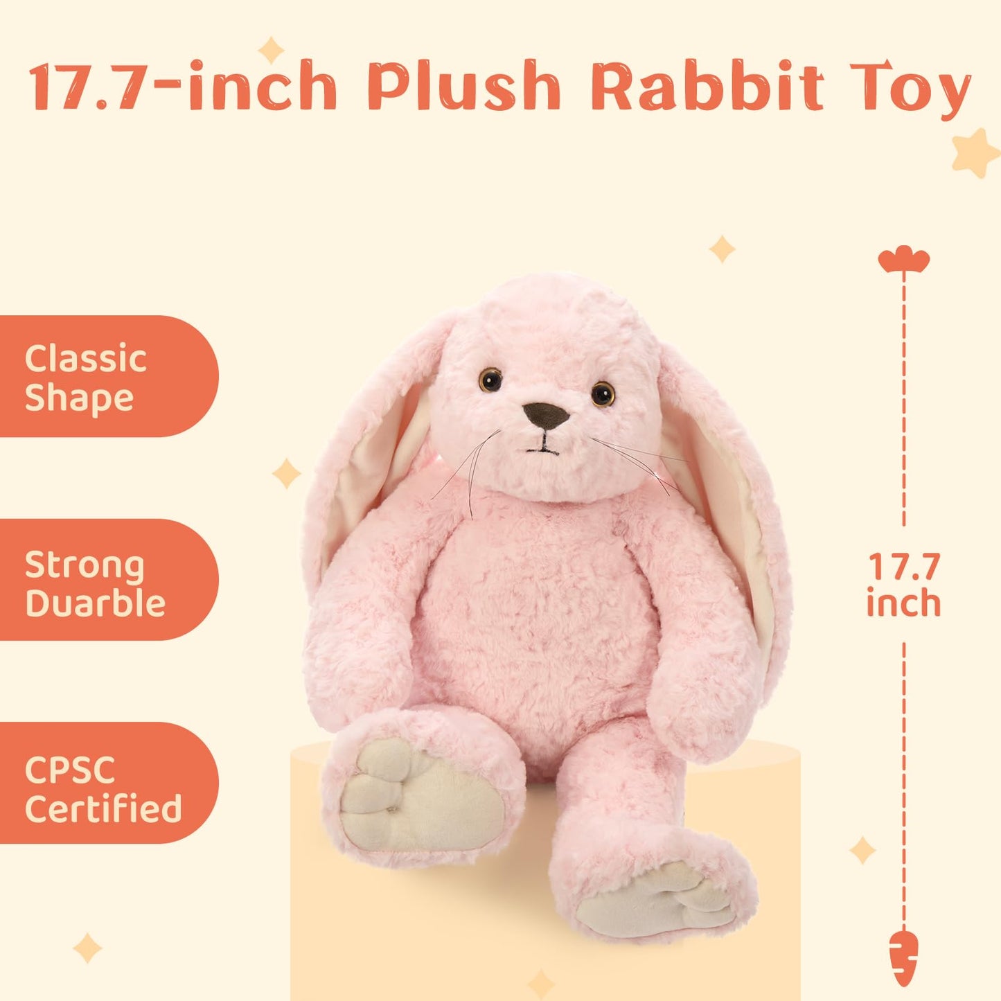 Tezituor Big Pink Rabbit Stuffed Animal, 18 inch Large Easter Stuffed Bunny Plush Body Pillow with Long Ears for Boys Girls, Hugging Soft Rabbit Plush Toy Gift for Easter Party Decor