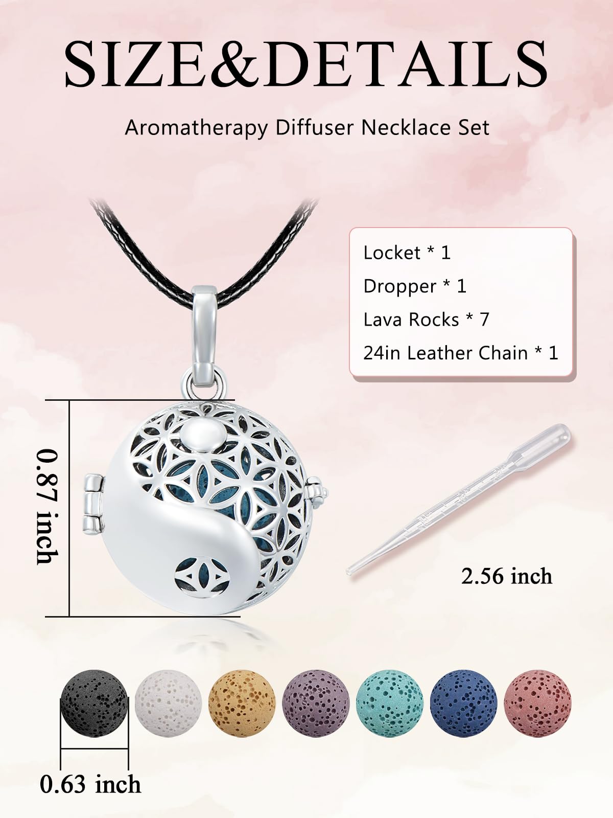 KZX Tai Chi Aromatherapy Diffuser Necklace Yin-Yang Essential Oil Diffuser Necklace Jewelry Set Gift for Women, 7 PCS Lava Rocks, 24+2" Leather Chain