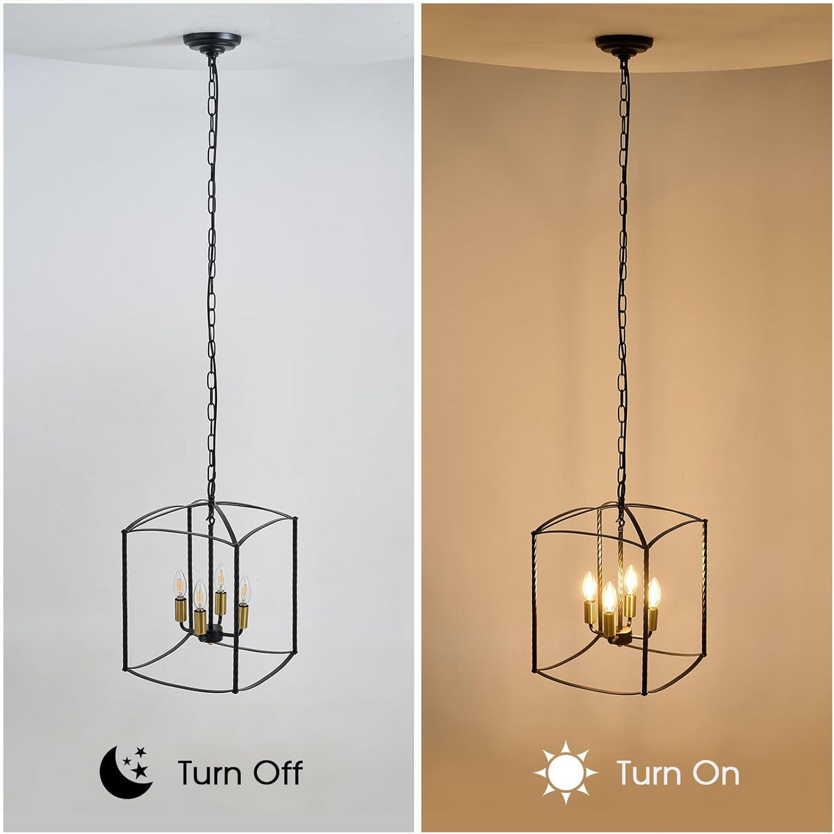 Farmhouse 4 Lights Pendant Light, Industrial Black Lantern Chandelier with E12 Gold Base Metal Cage Rustic Geometric Hanging Light Fixtures for Kitchen Island Foyer Entryway Dining Room