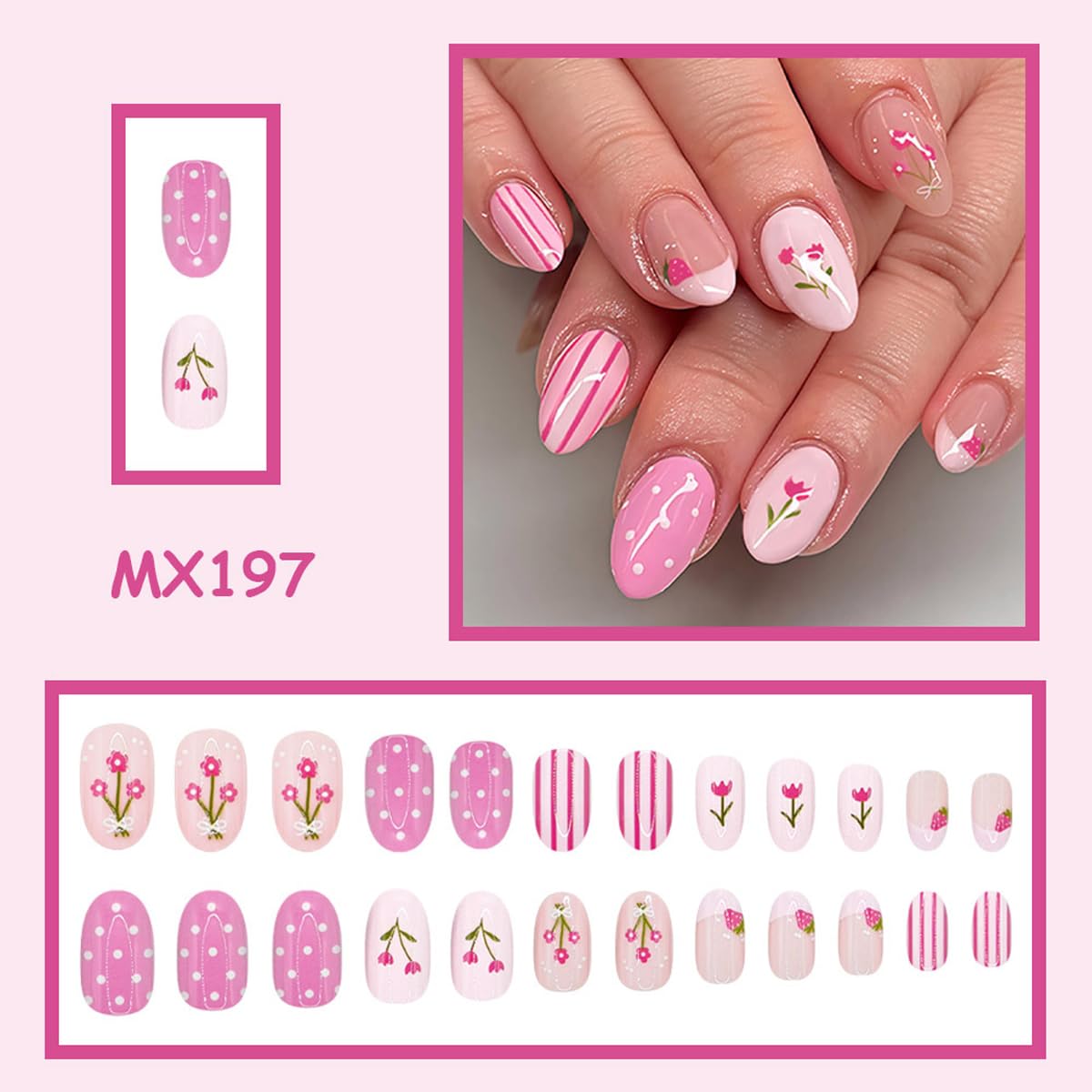 Pink Press on Nails Short Oval Fake Nails Spring Summer False Nails Press ons with Flower Design, Cute Nails Reusable Full Cover Glue on Nails for Women Girls, Manicure Kit 24Pcs