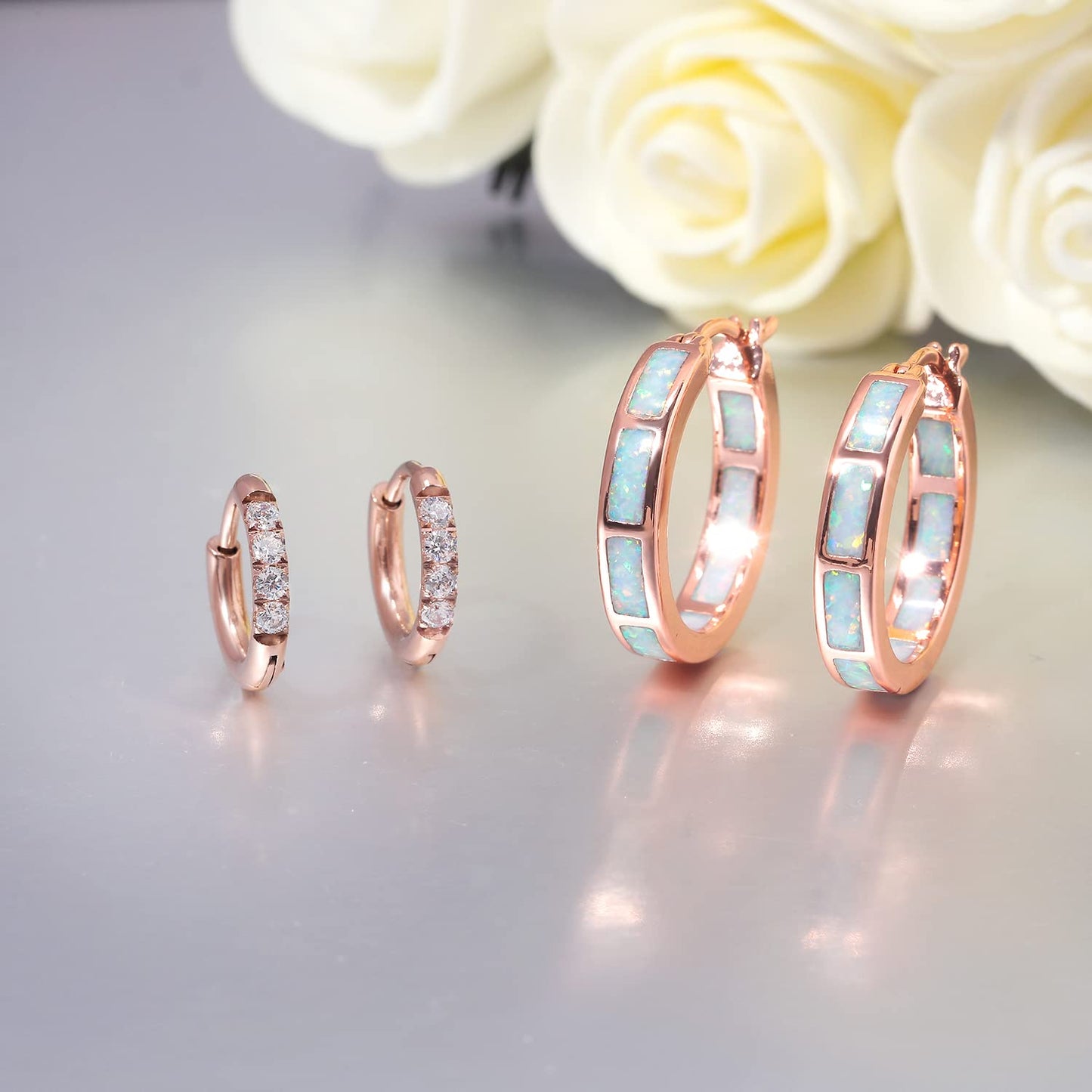 CiNily 2 Pairs Hoop Earring Set for Women Rose Gold Plated Opal Small Hoop Earring Hypoallergenic Cubic Zirconia Tiny Earrings