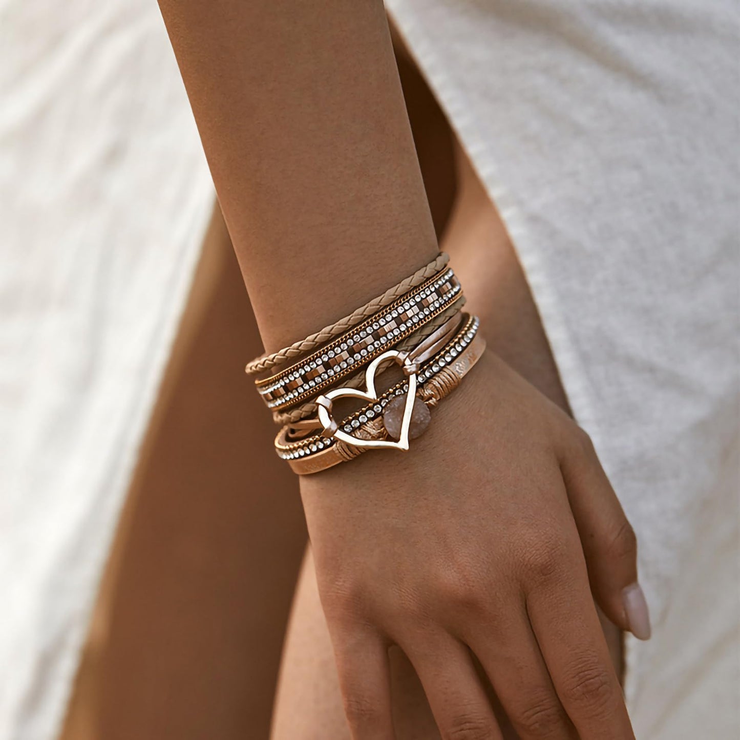 Leopard Bracelet for Women, Boho Leather Wrap Multi-Layer Pearl Crystal Bracelet Bangle Jewelry (Heart Leather1)