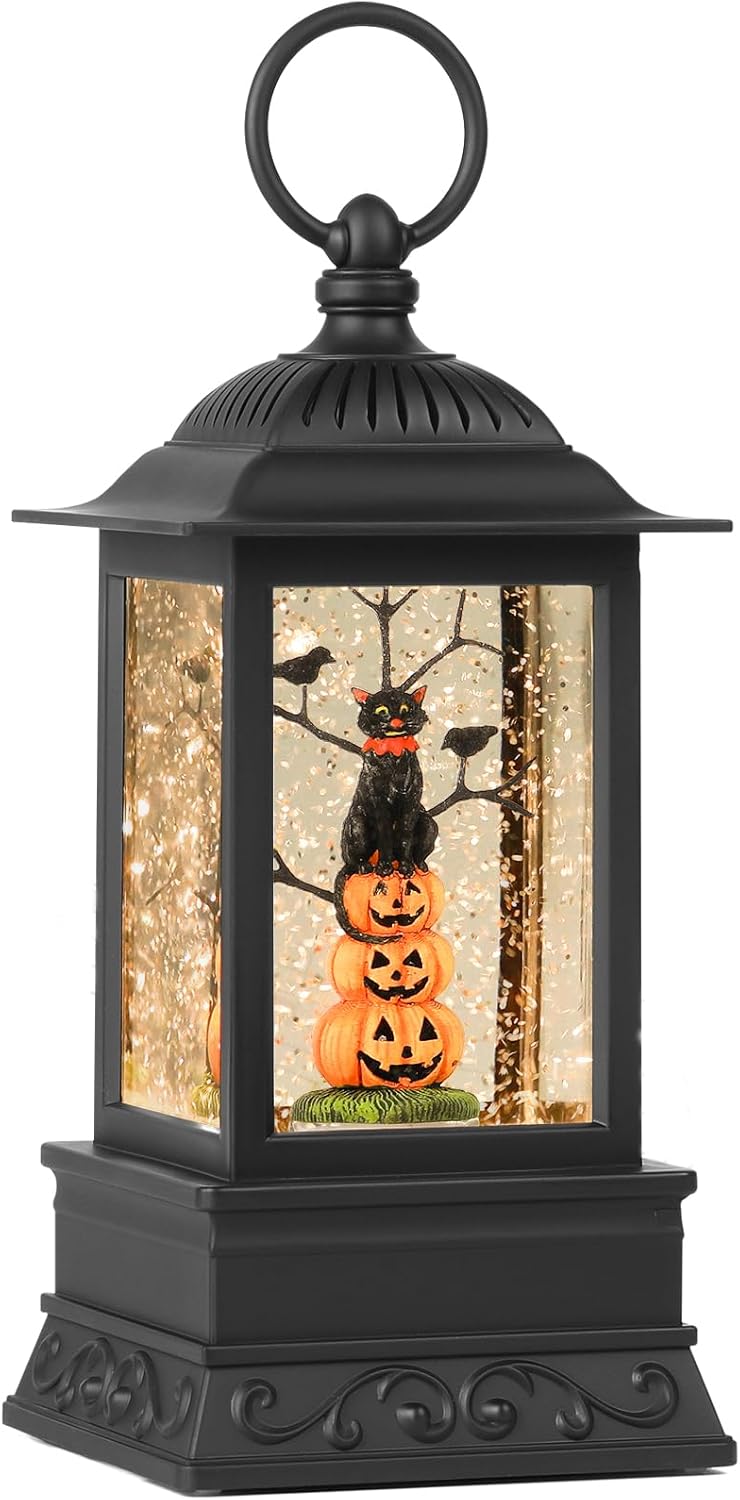 10'' Halloween Snow Globe, Lighted Musical Glitter Globe, Battery Operated or USB Powered Glitter Lantern for Spooky Halloween Festival Party Home Table Decorations (Pumpkin and Black Cat Combo)