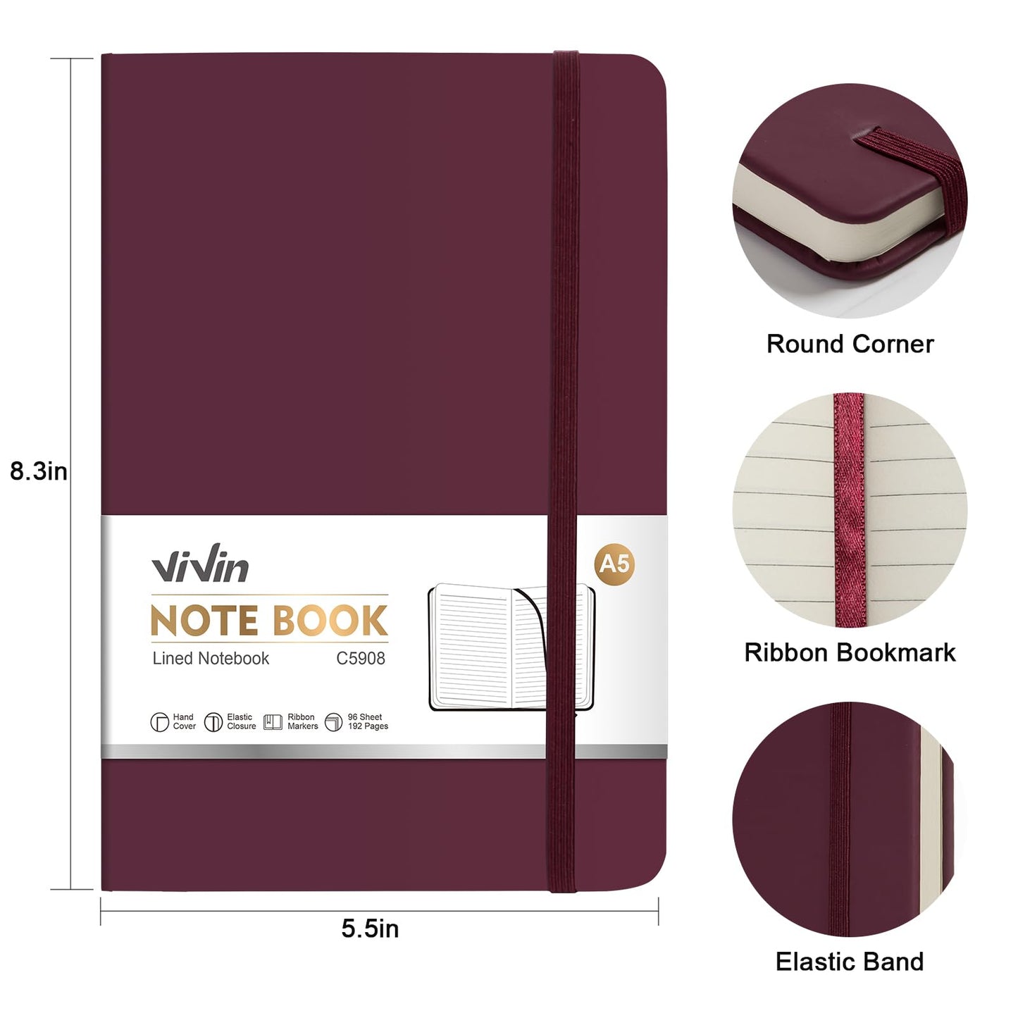 ViVin Lined Journal Notebooks, 3 Pack, (Black, Burgundy, Dark Green), 192 Pages, Medium 5.5 x 8.3 inch, College Ruled, A5 Hardcover Notebooks, Journaling Notebooks for Work, Writing, School