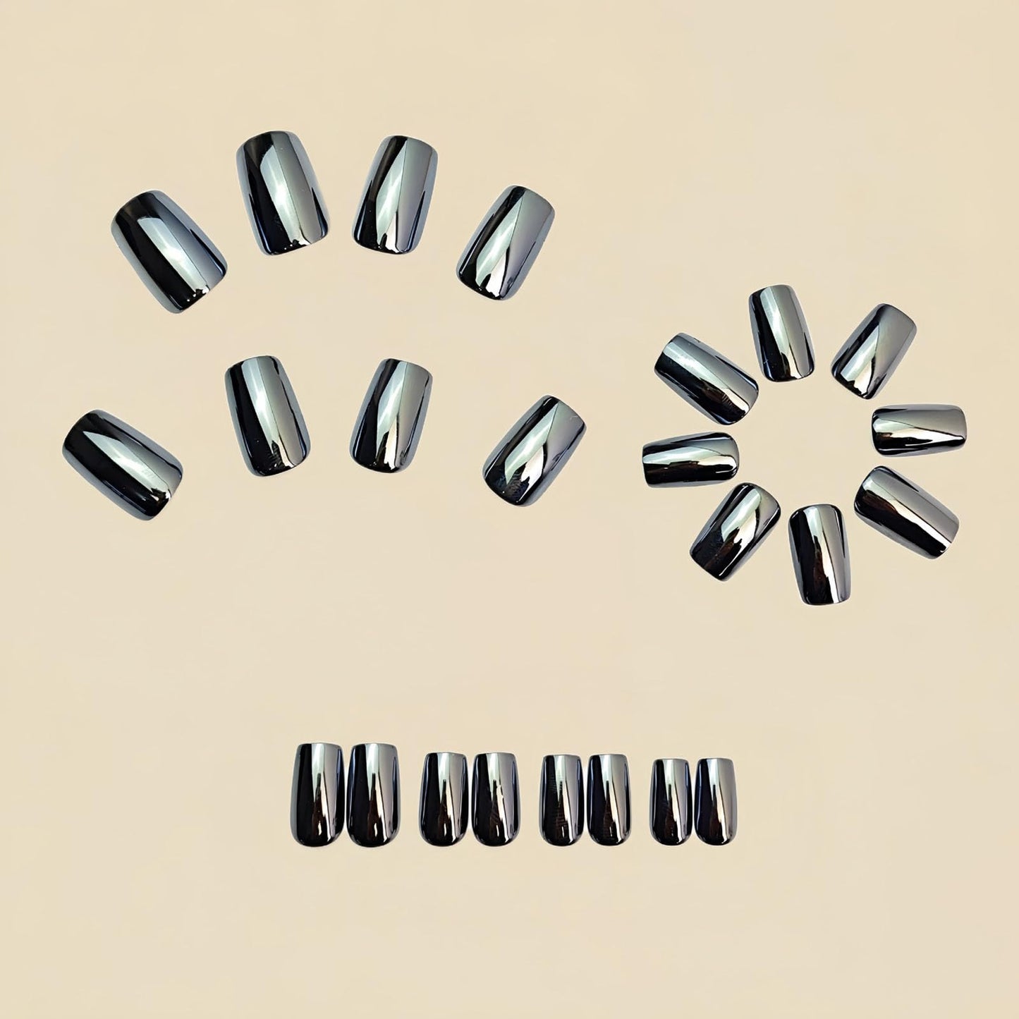 RUOKEXIN Medium Length Press on Nails Square Fake Nails Black Silver Chrome False Nails Full Cover Nail Press ons Sparkly Artificial Nails for Women 24Pcs