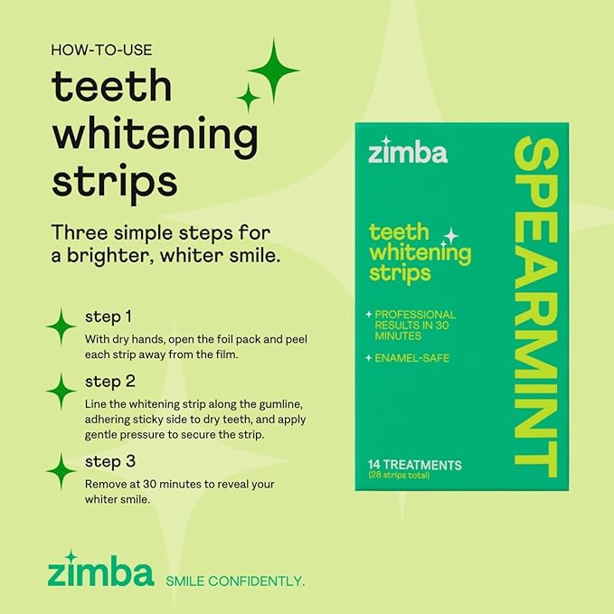 Zimba Mint & Peppermint Teeth Whitening Strips for Teeth Sensitive, White Strips for Teeth Whitening, Teeth Whitener Stain Remover 28 White Strips Included Per Pack, 2 Pack (14 Day Treatment)