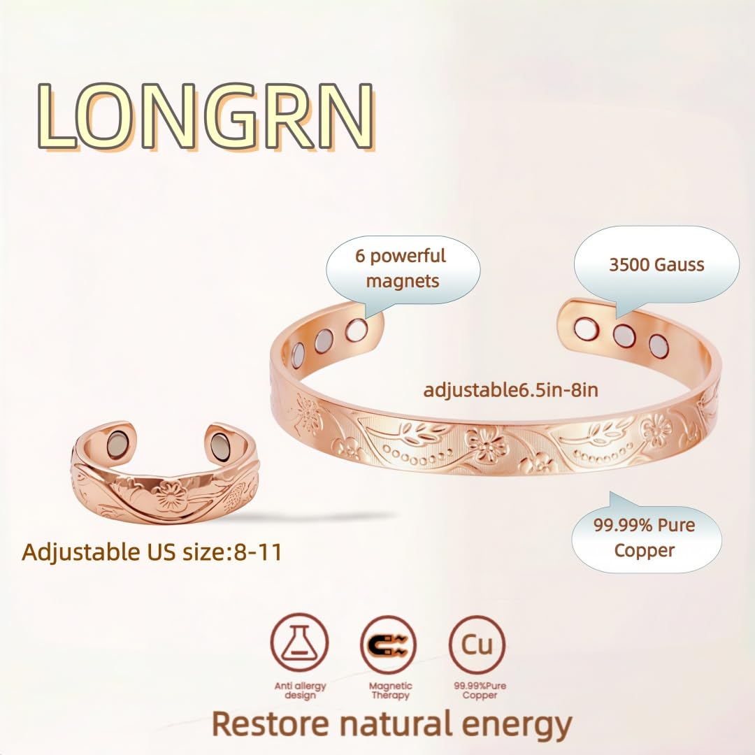 LONGRN-Pure Copper Magnetic Bracelet & Ring Adjustable Size for Women