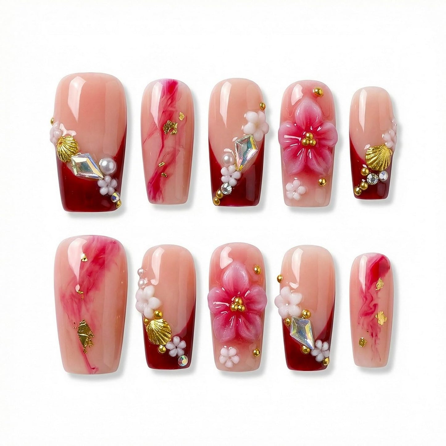 Luxury Press on Nails Medium Square Handmade 3D Unique Flower & Rhinestone Reusable Fake Nails Red French Tip False Nails with Shell Designs Glossy Thick Acrylic Nail for Women (S)