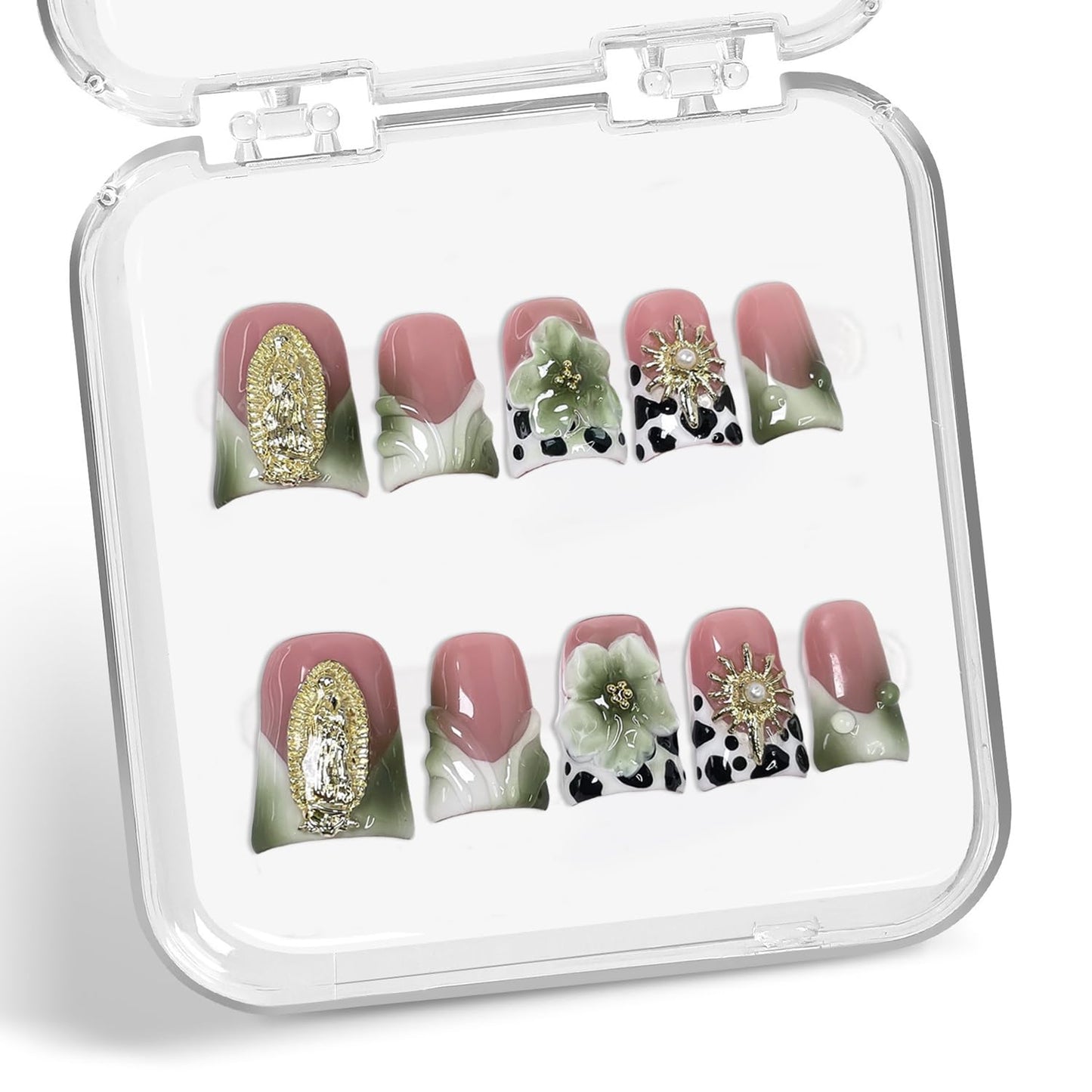 Handmade Press on Nails Short Duck Shaped Fake Nails Green White Gradient Stick on Nail Luxury 3D Flowers False Nails Designs French Tip Thick and Muti-Layer Gel Acrylic Nail for Women（M)