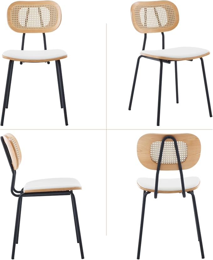 Mid-Century Modern Rattan Cane Back Dining Chairs Set of 6 — PU Leather Upholstered Seat, Black Metal Legs, Kitchen Side Chairs for Kitchen & Dining Room, White