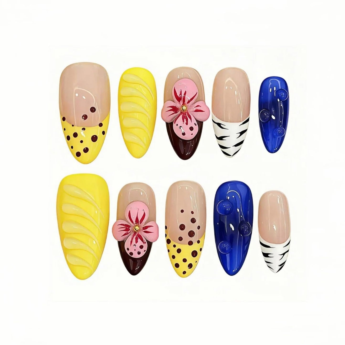 Tesytto 3D Hibiscus Press on Nails - Medium Almond 3D Flower & Water Drop Texture, Blue & Butter Yellow French Tip Nails, Tropical Hawaii Summer Fake Nails (Big Island-A,M)