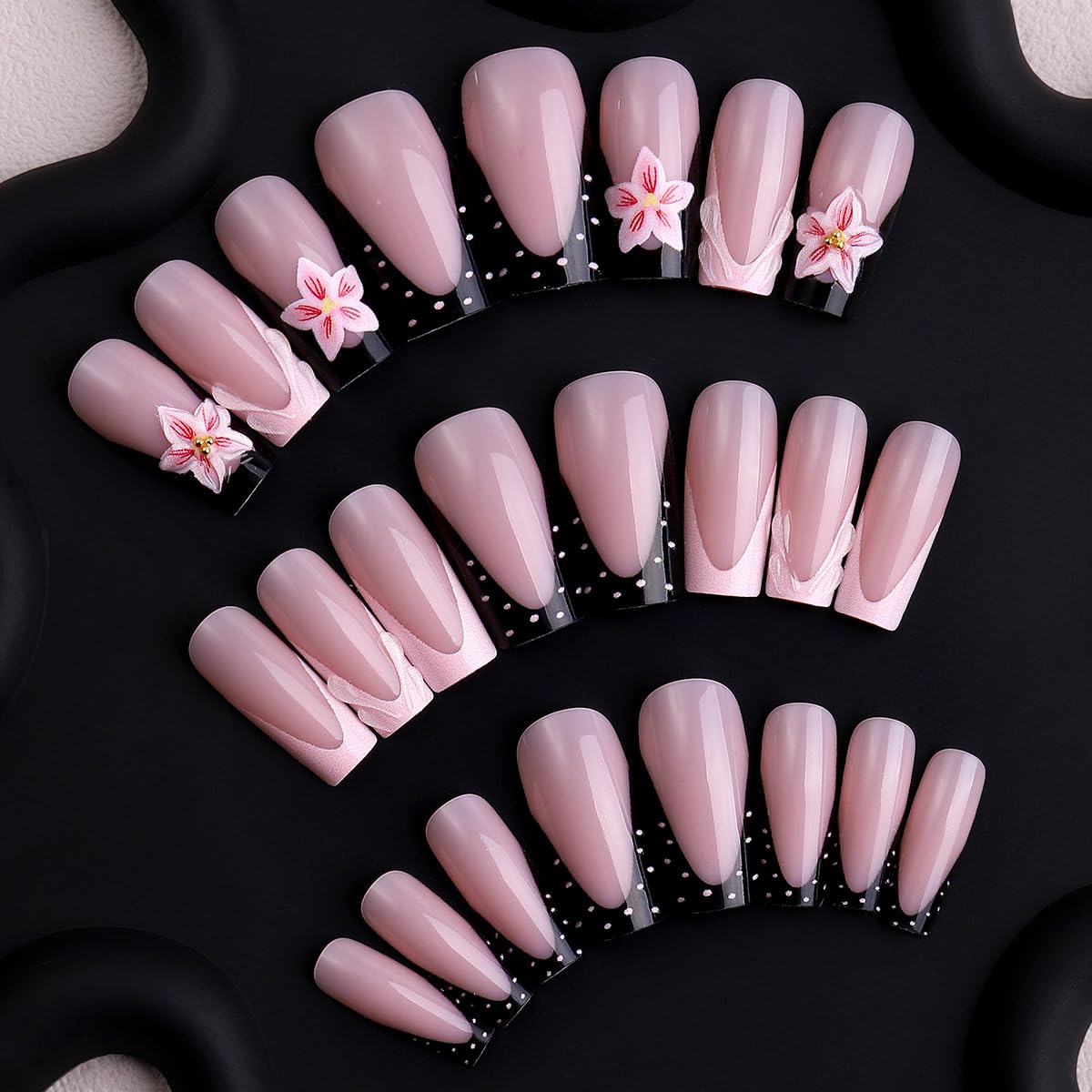 Shell French Tip Press on Nails Square Medium Fake Nails with 3D Flower Rhinestone Spot Design Full Cover Glossy Stick on False Nails for Women 24 Pcs