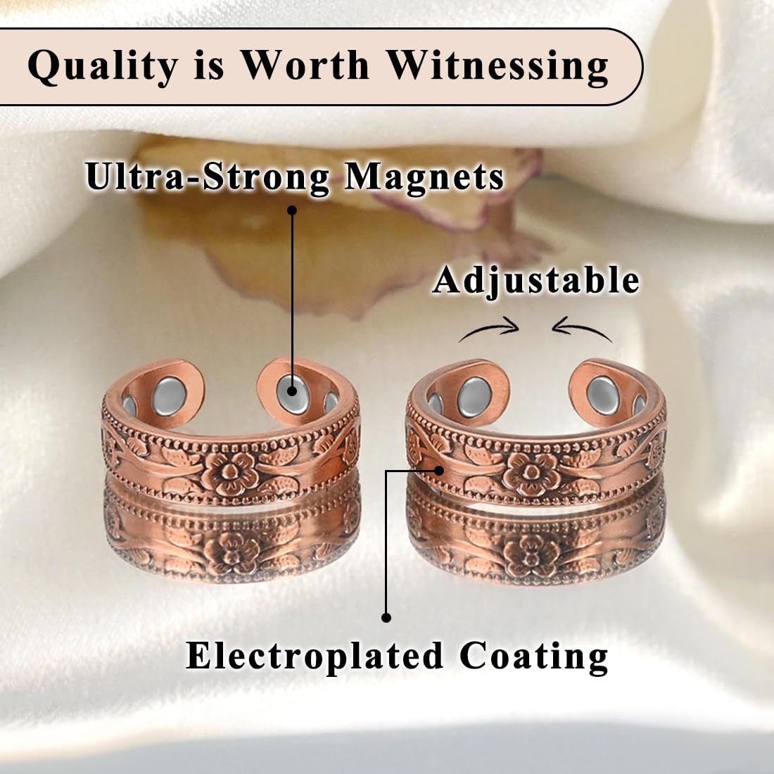 Vicmag 2PCS Copper Magnetic Rings for Women Ring for Fingers with 4X Magnets 100% Solid Pure Copper Gift Adjustable