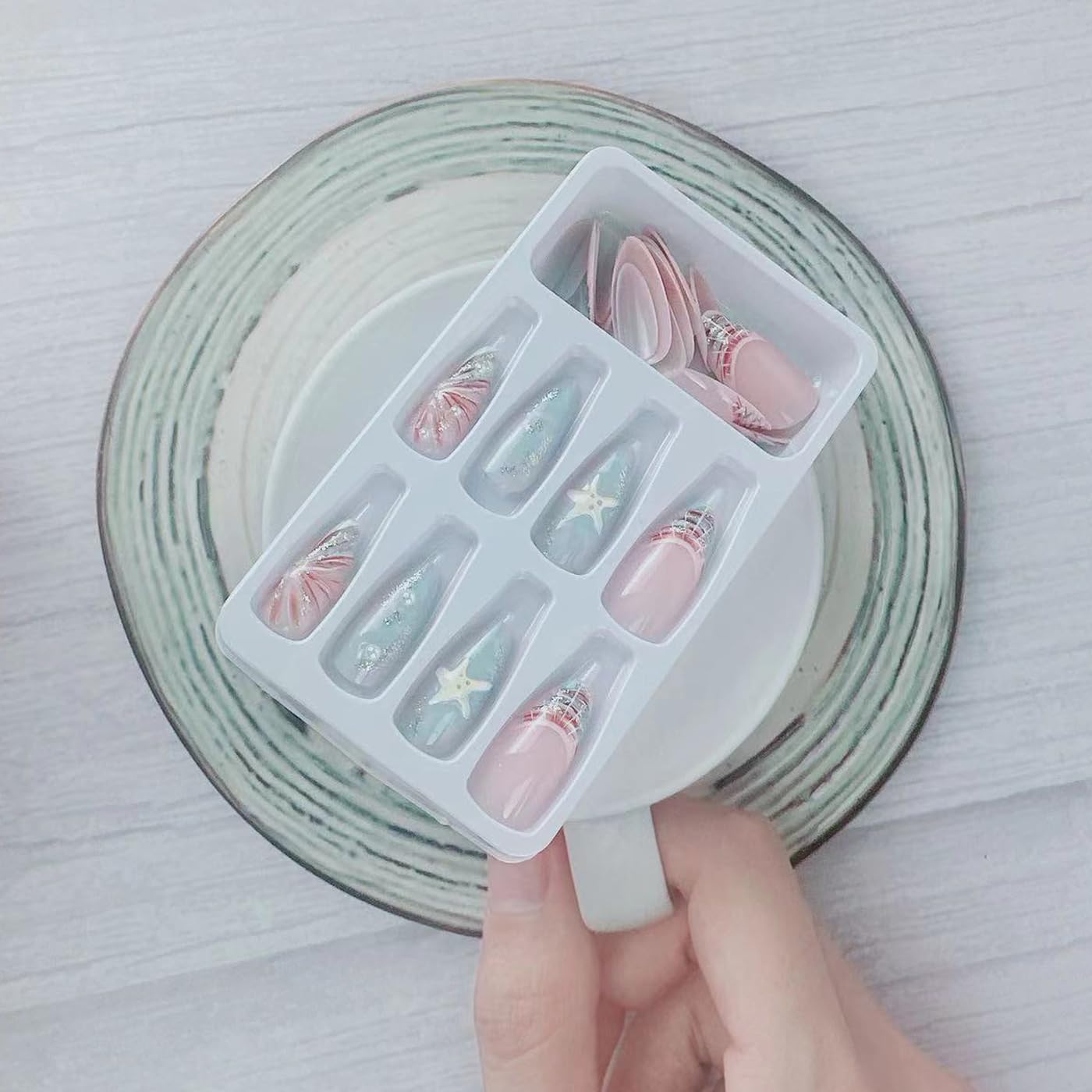 Summer Blue Sea Press on Nails Medium-Length Almond Press on Shell French Tips Fake Nails Starfish False Nails with Pearl Designs Acrylic Nails 3D Waves Texture Stick on Nails for Women Manicure 24Pcs