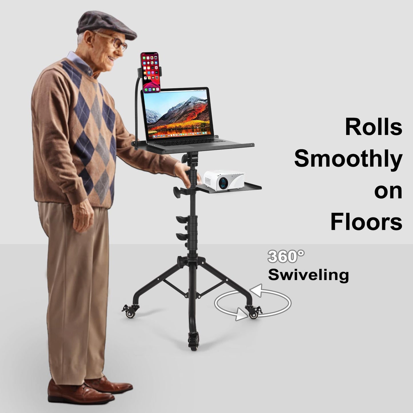 Tossbiss Laptop Tripod on Wheels with 2 Shelves, Portable Projector Floor Stand Adjustable Height 25.9 to 51.8 Inch with Phone Holder