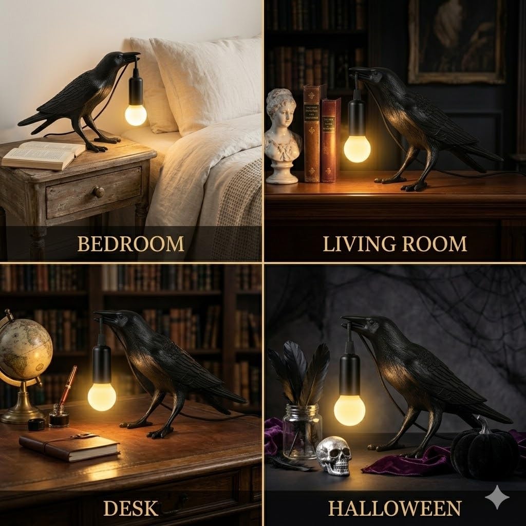 OVANUS Crow Lamp Gothic Decor, Raven Table Lamp with Adjustable Brightness, Dark Academia Aesthetic Night Light for Bedroom, Halloween Black Bird Lamp, Unique Gift