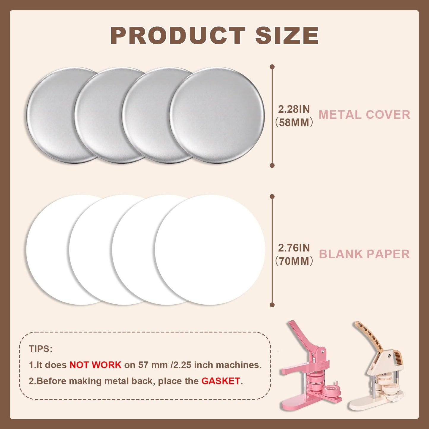 Yunziling 200 Sets 58mm/2.28 inch Button Supplies Button Parts for Buttons Maker Machine, 100 Pcs Plastic Backing Pins & 100 Pcs Iron Backing Pins, Including Metal Covers, Clear Films & Blank Papers