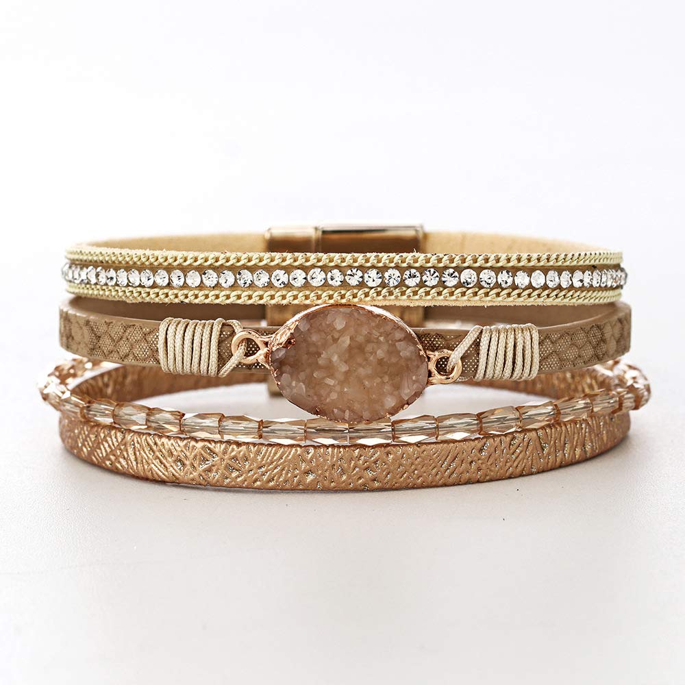 Fesciory Leopard Bracelet for Women, Boho Leather Wrap Multi-Layer Pearl Crystal Bracelet Bangle Jewelry(Stone(Short))