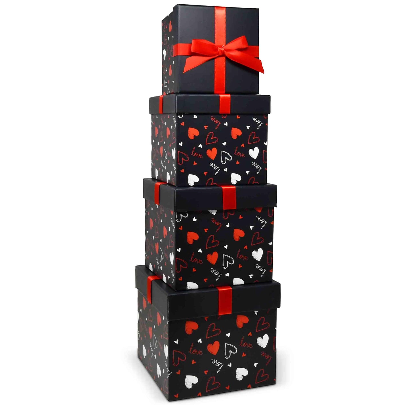 Gift Boutique 4 Pack Valentine Nesting Boxes with Bow Lids Black Red Hearts Stacking Square Box Gifts Presents Wrapping Birthday Wedding Party Decor