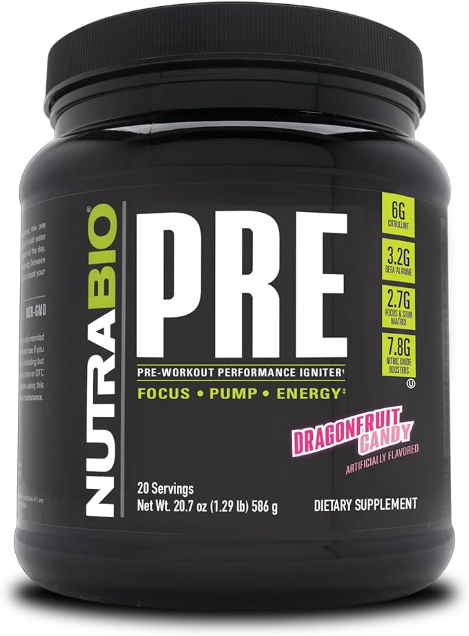 NutraBio PRE Workout Powder - Old Formula- Sustained Energy, Mental Focus, Endurance - Beta Alanine, Creatine, Caffeine, Electrolytes - 20 Servings - Dragonfruit Candy