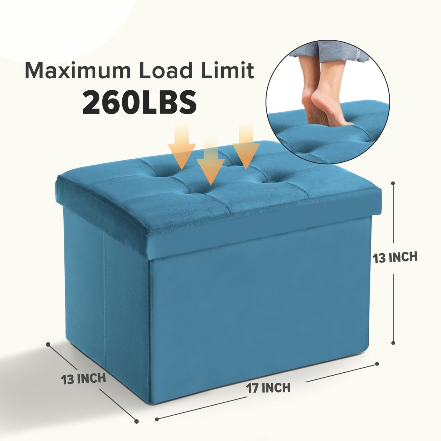 LINMAGCO Storage Ottoman Folding Foot Stool Velvet Foot Rest with Padded Modern Ottoman with Storage for Living Room Puppy Step Stool 17x13x13in(Blue)