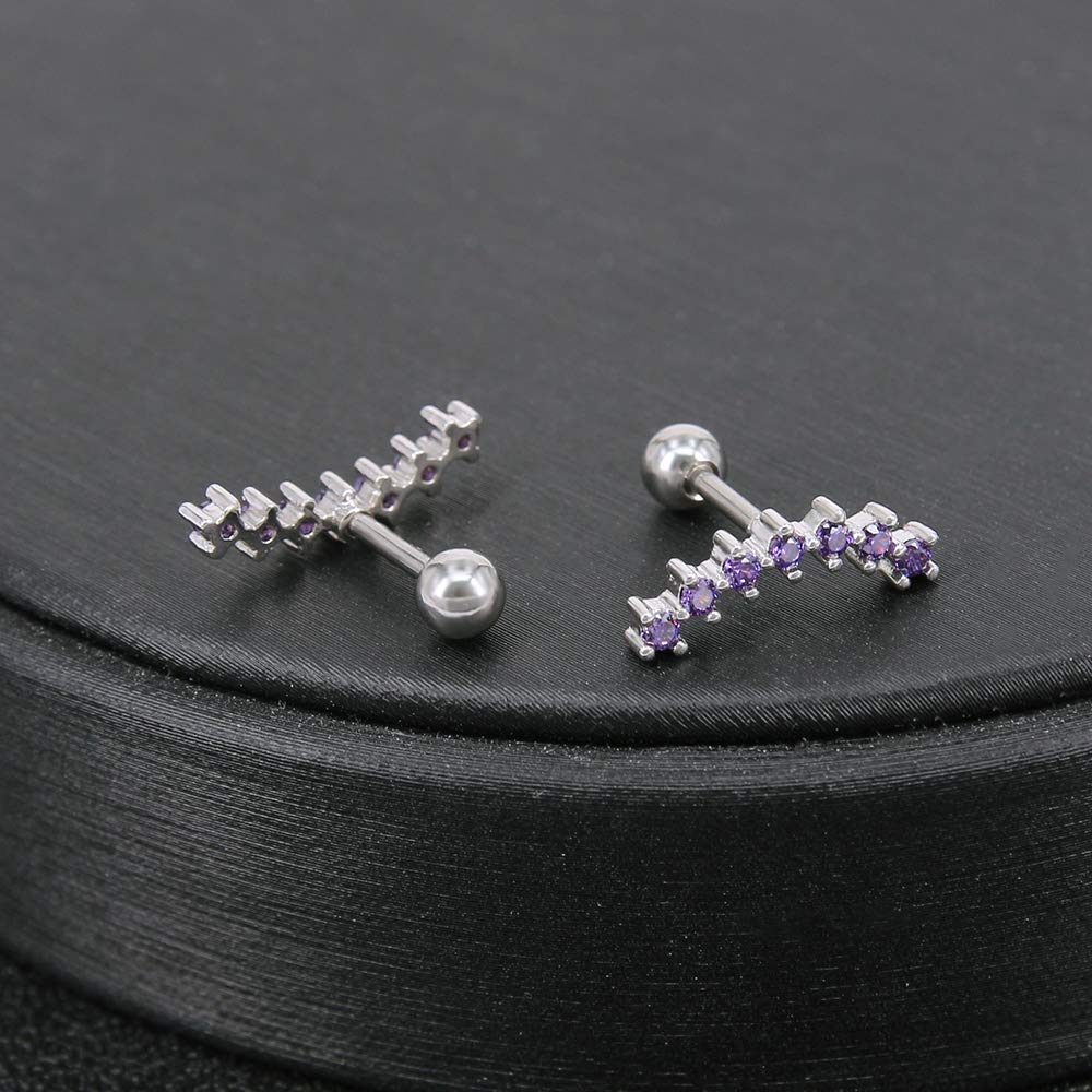 ZS Curve Seven Stud CZ Stud Earrings 316L Stainless Steel Ear Helix Conch Cartilage Piercing (Purple)