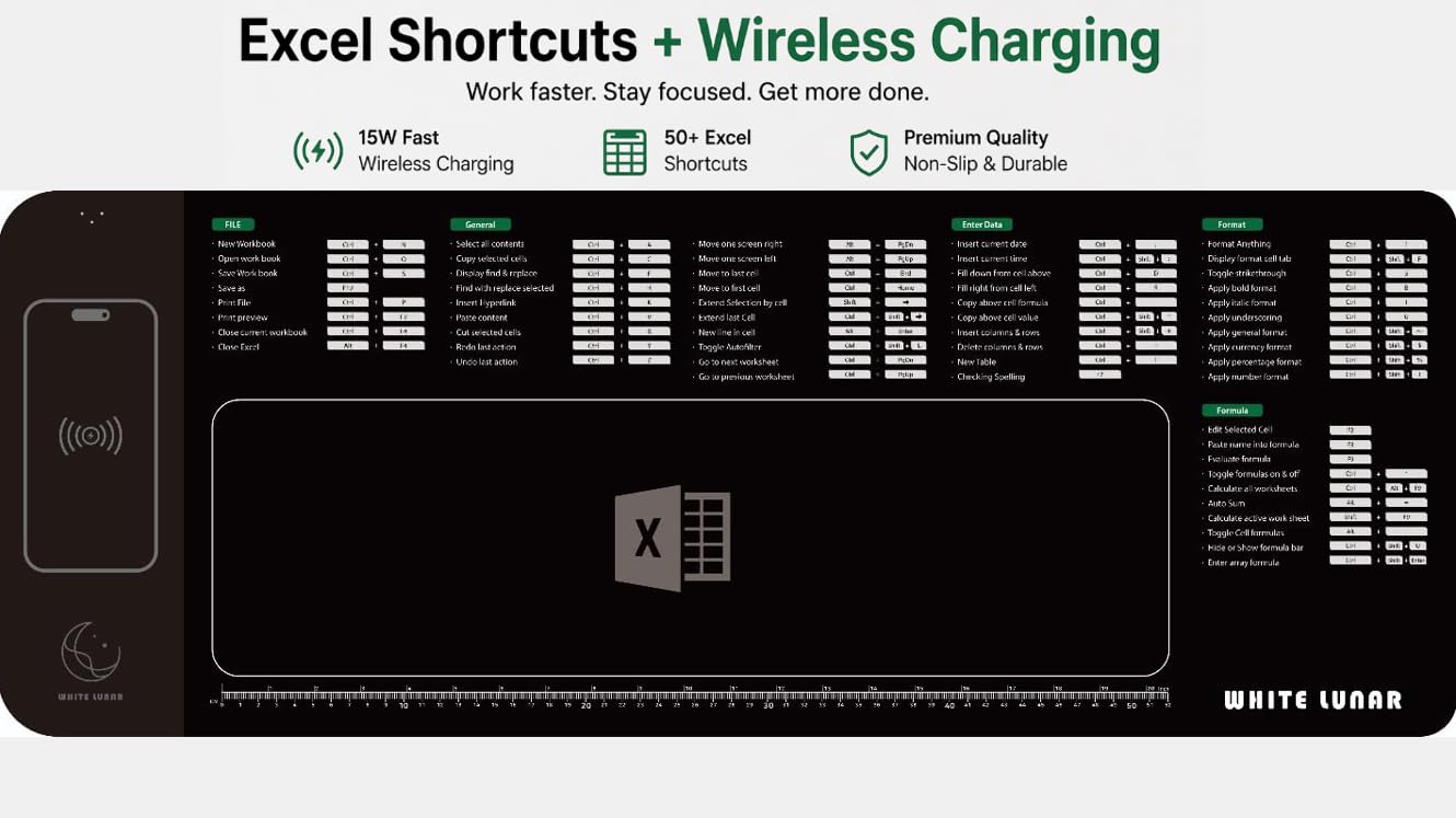 Excel Shortcut Mouse Pad with Wireless Charging (15W), Large Desk Mat for Office Productivity, Fast Qi Charger for iPhone & Samsung, Non-Slip Desk Setup for Work & Study