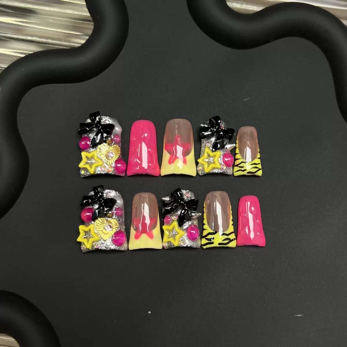 10Pcs Handmade Press On Nails Medium Duck Fake Nails Bow Charms With Star Design Y2k False Nails Full Cover French Tip Artificial Cute Stick On Nail For Women(SIZE: M)