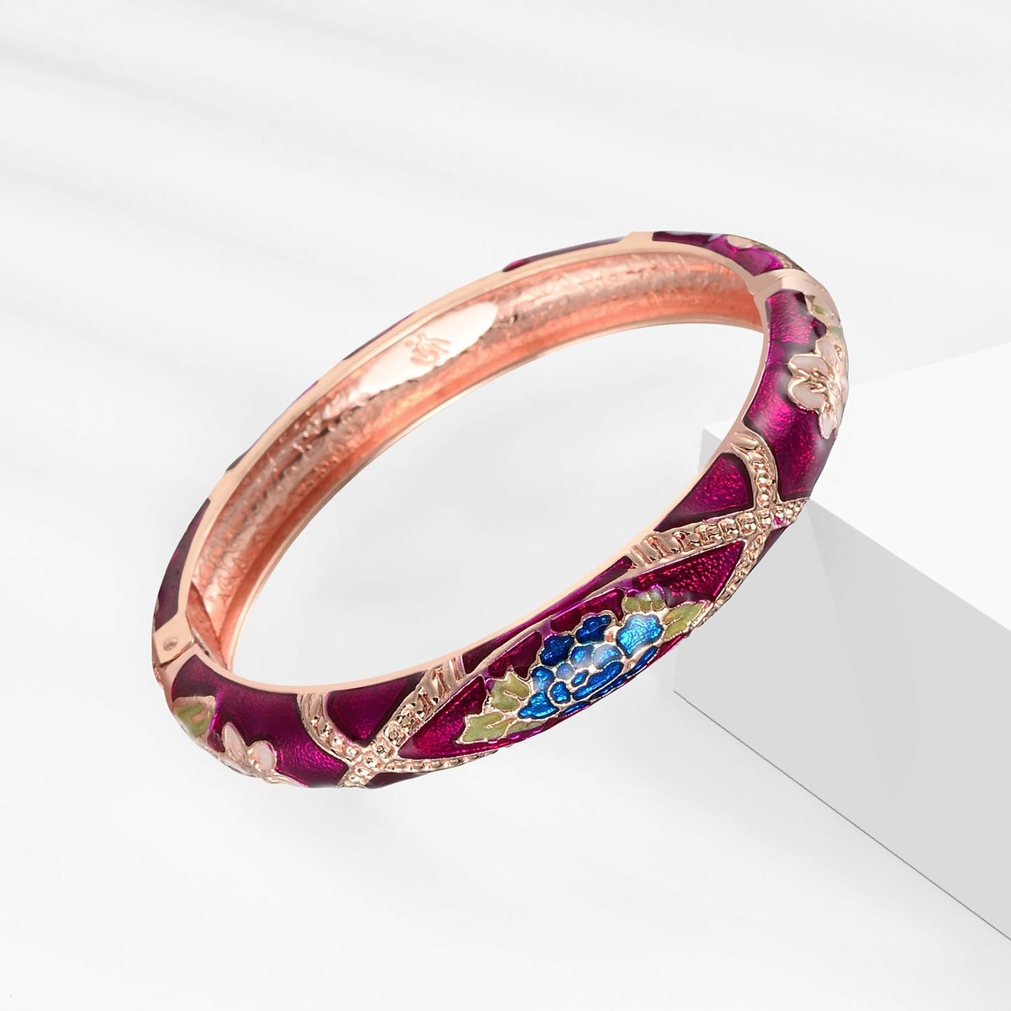 UJOY Vintage Cloisonne Jewelry Bracelet Plated Handmade Bead Rhinestones Enamel Spring Cuff Bangles 2 Pcs Set for Womens Gift 7735-55A128 Purple