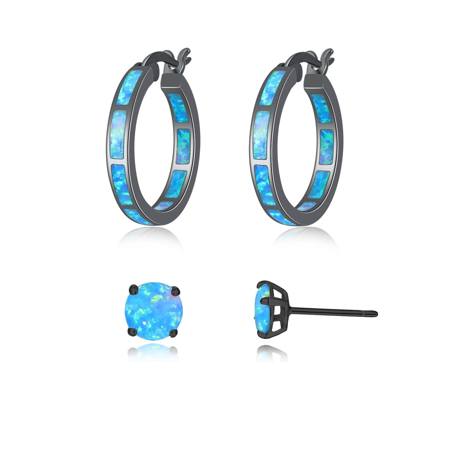 CiNily 2 Pairs Stud Hoop Earring Set,Dark Blue Opal Hoop Earring 14K Black Gold Plated Hypoallergenic Small Stud Earrings for Women Men Jewelr