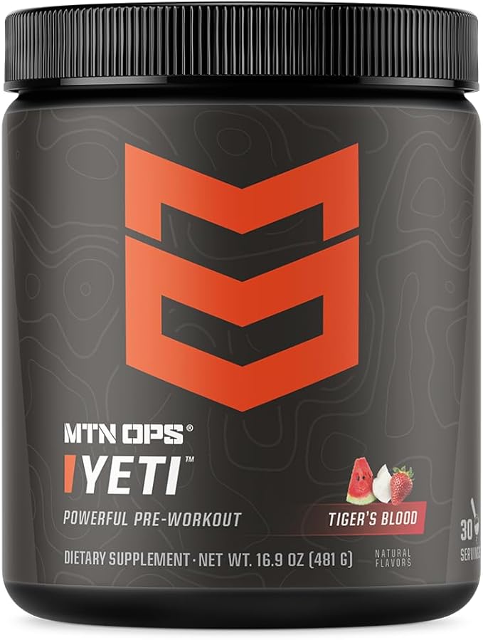 MTN OPS Yeti Pre-Workout Powder Energy Drink with Creatine, 200mg Caffeine & BCAAs with Beta Alanine, 30-Serving Tub, Tiger's Blood