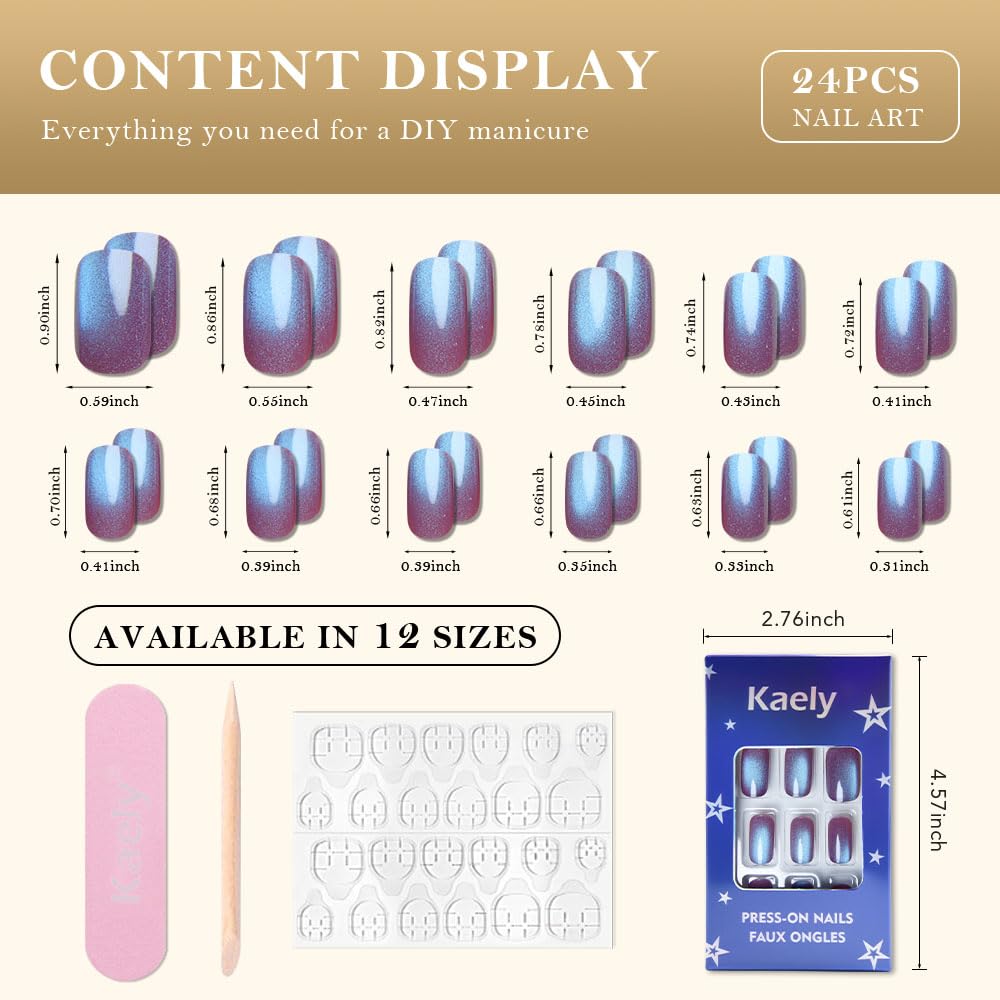evpct Mauve Blue Reflective Metallic Cat Eye Press on Nails Medium Square No Glue, Stick on Nails Medium Square for Women, Mauve Metallic Nail press ons, Iridescent Glitter Acrylic Fake Press on Nail