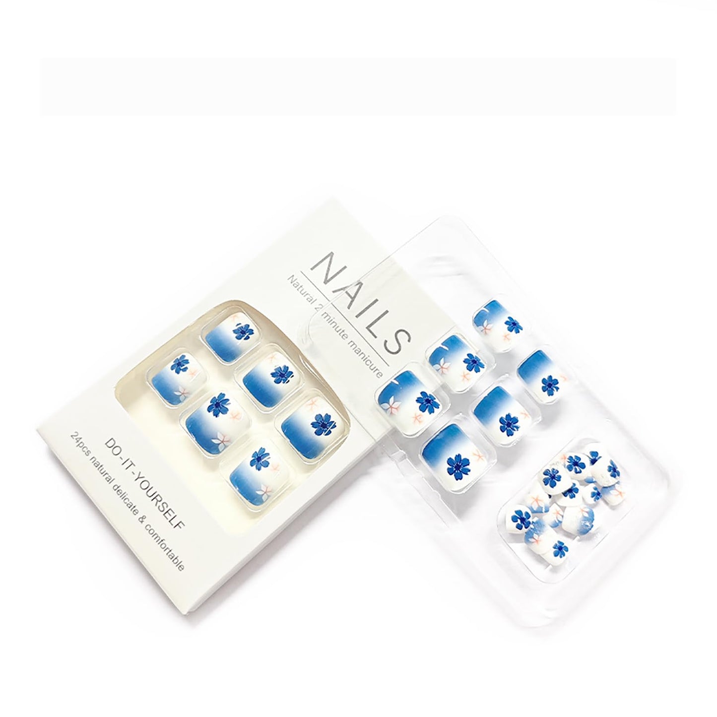 24Pcs Spring Summer Press on Toenails,Short Square Fake Toenails with Flower Glitter Designs Dark Blue French Gradient Toenails Full Cover Acrylic Glossy Stick on Toes Nails for Women
