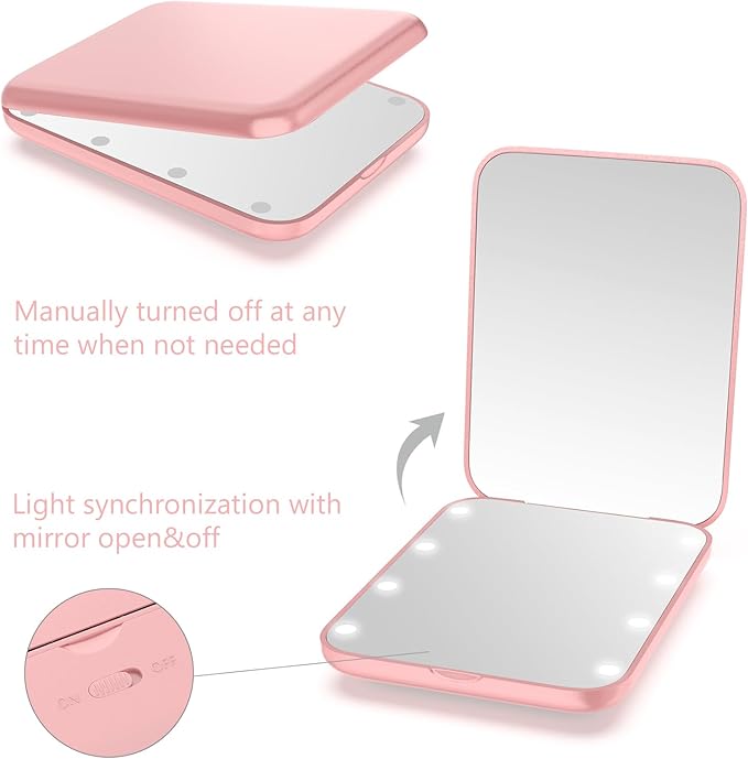 WOBSION Small Mirror with Lights,LED Compact Makeup Mirror,1x/3x Mini Travel Mirror with Magnification,Portable for Purse,Pocket,Gifts for Girls,Rose Gold