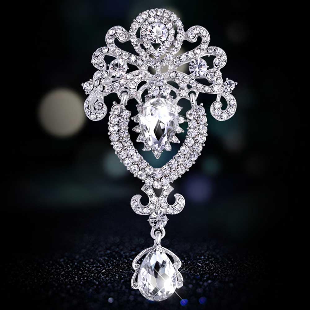 Ezing 4 Pieces Lot Large Big Silver Gold Plated Assorted Crystal Rhinestones Brooch Pins Set (B)
