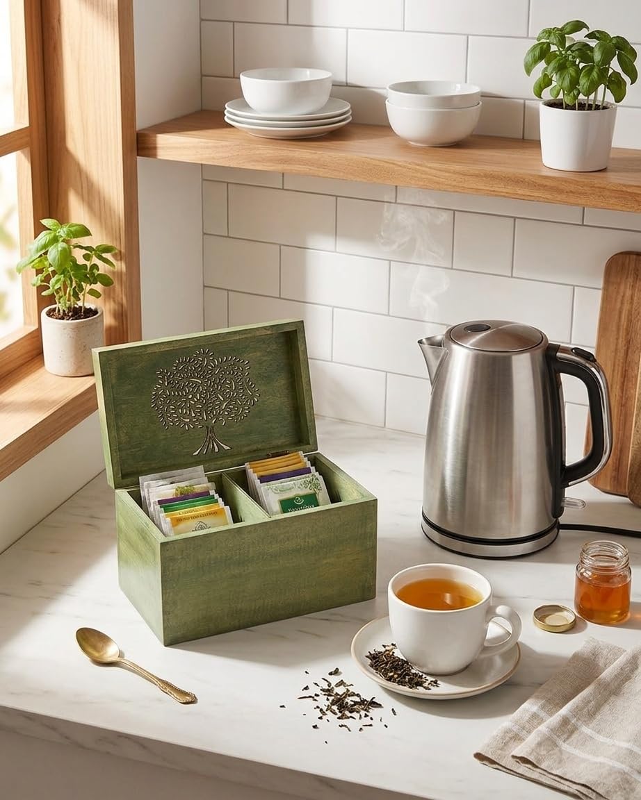 STORE INDYA Wooden Tea Storage Box Compact Organizer Handcrafted with Embossed Tree of Life Design