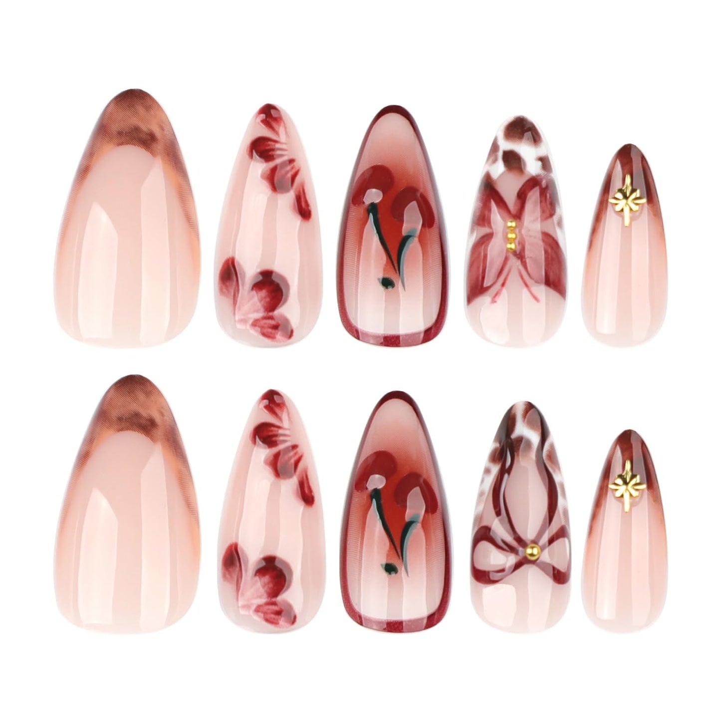 MISUD Press on Nails - Medium Almond Glue on Nails with Fall Brown, Acrylic Autumn Flower Design 24 pcs