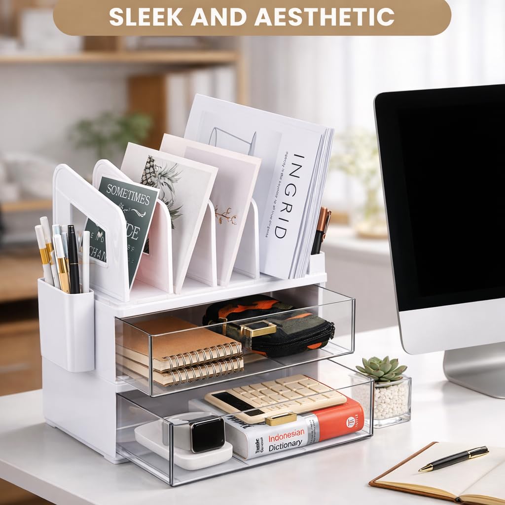 LALOBLUE White Acrylic Desk Organizer with Drawer & File Holder, Stackable Modular Storage System, Multi-Layer Desktop Organizer, Space Saving Desk Organizer for Home Office & Study