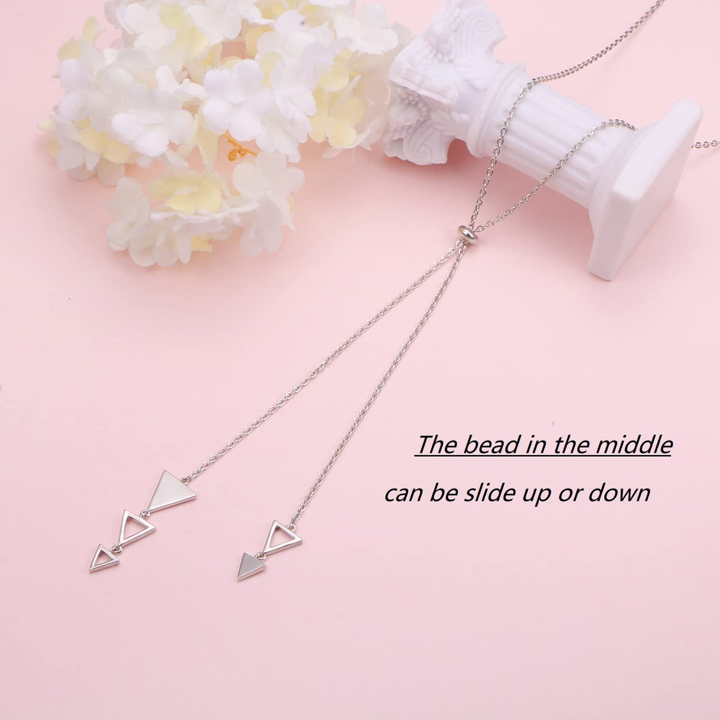FLYOW 30 Inch Long Chain Dainty Lariat Necklace Simple Style 925 Sterling Silver Multiple Triangle Pendant Adjustable Y Shaped Necklace Jewelry