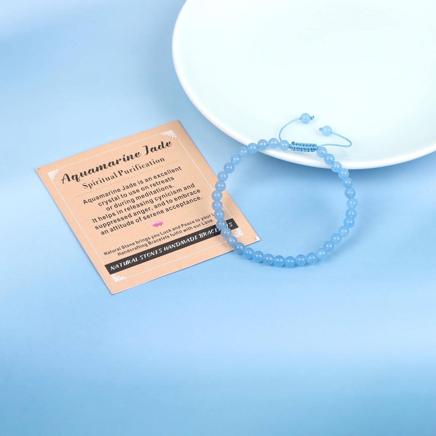 AD Beads 4mm Aquamarine Jade - Spiritual Purification - Handmade Natural Stone Crystal Bracelet with Adjustable Macrame String - Yoga Healing Power Energy Gifts for Men and Women