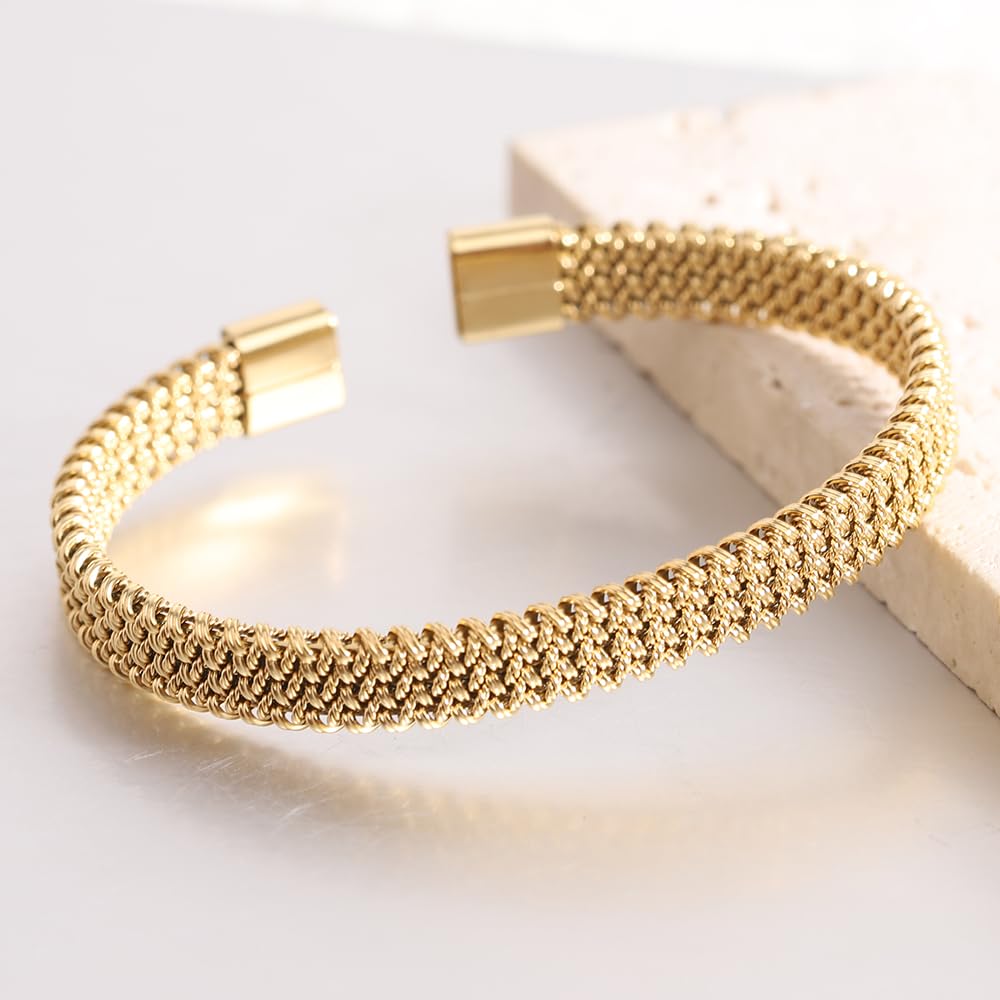 LXBQYSTO Cable Wire Twisted Cuff Bangle Bracelet For Women 14K Gold/rose/silver Stainless Steel Jewelry for Women Gift (Open-Gold)