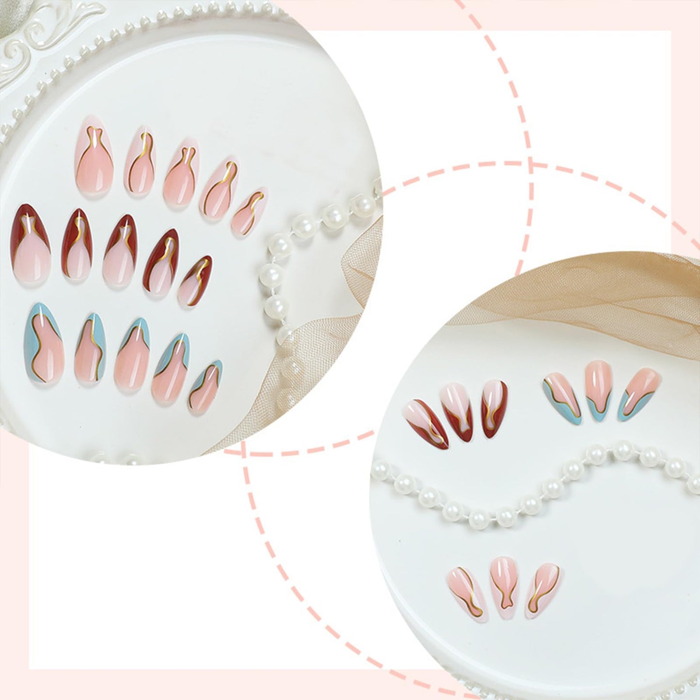 3Packs 72Pcs French Tip Press on Nails Medium Almond Fake Nails with Gold Stripes Line Designs Glue on Nails White Red Blue False Nail Tip Acrylic Nails Manicure Kit for Women Girls 12 Sizes