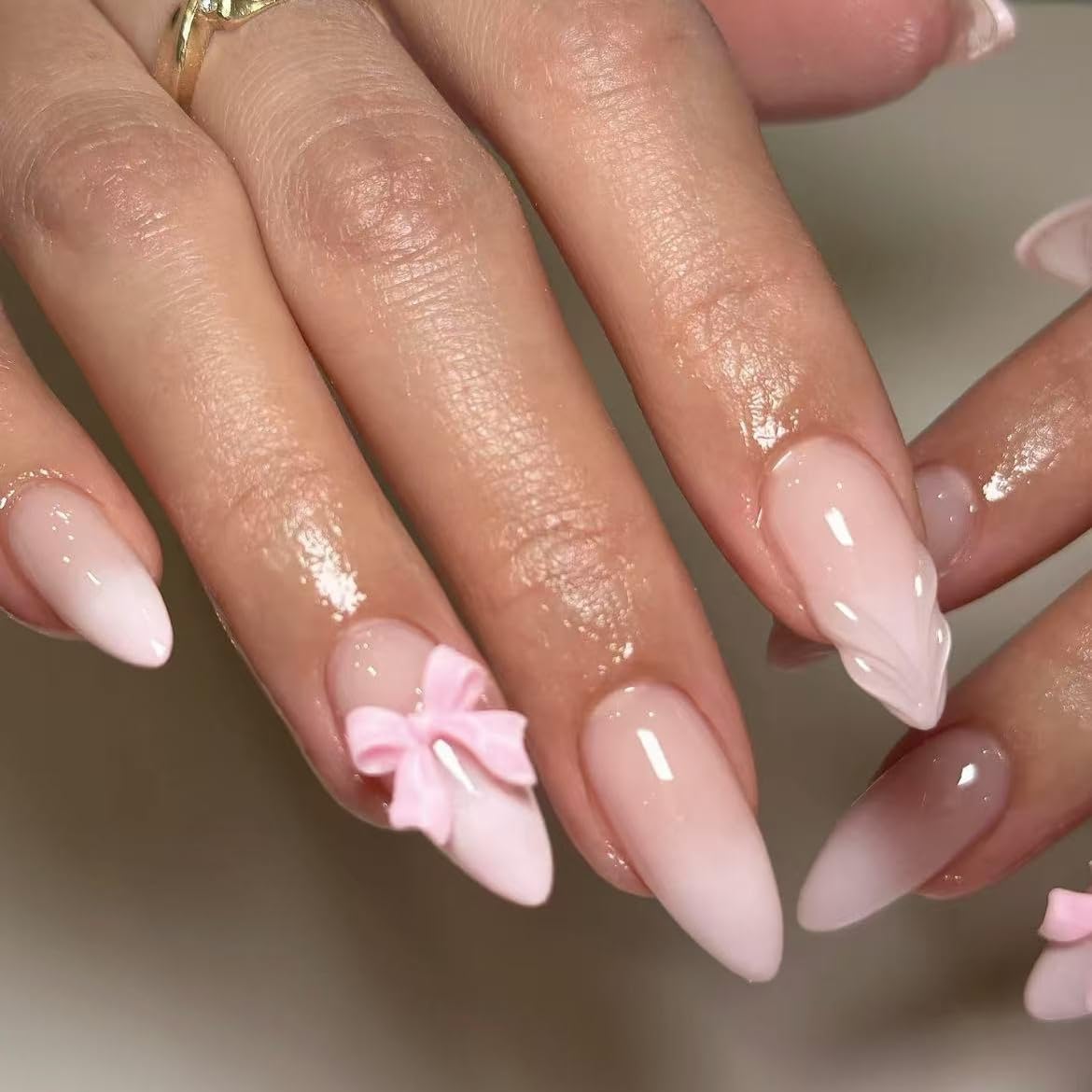 Handmade Gradient Milky white tip Press on Nails style Almond Fake Nails with Glue Stick on Nails for Women Manicure Decoration Bow 10PCS (MT-134-M)