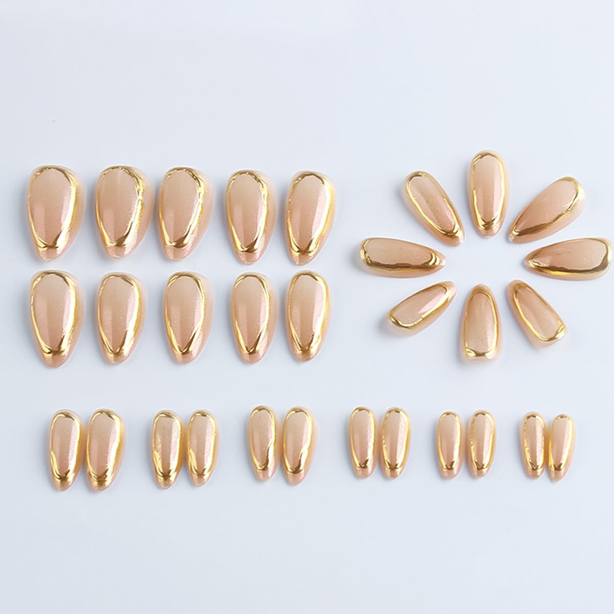 Gold Chrome Press on Nails Medium Almond Fake Nails with Design Full Cover Stick on Nails for Women Manicure,Reusable | Artificial | Nail Sticky Tabs | Easy Apply | 24Pcs