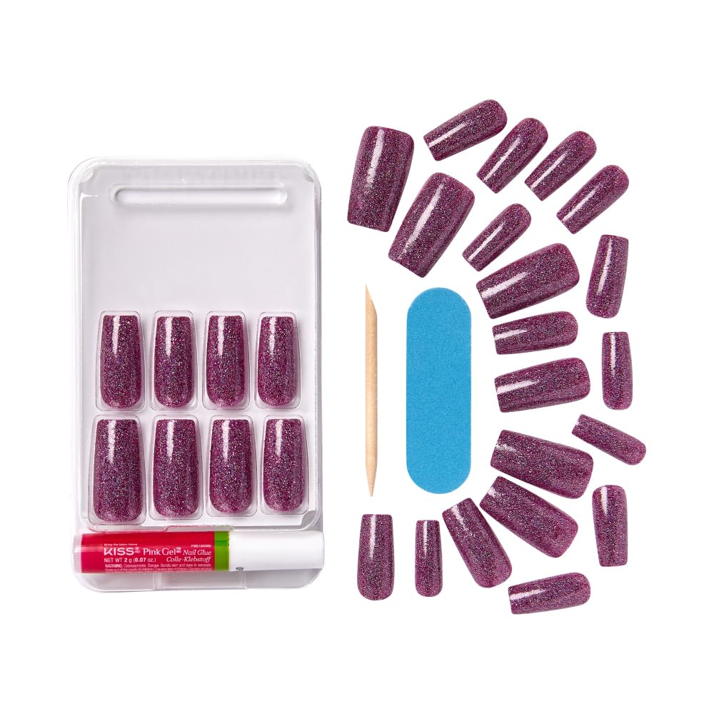 KISS False Nails Kit, Dreamdust Ready to Wear Gel Sculpted Nails, Stick and Glue Included, Long Length, Square Shape with Glitter Effect, Long-Lasting Hottest Trend Glue on Nails