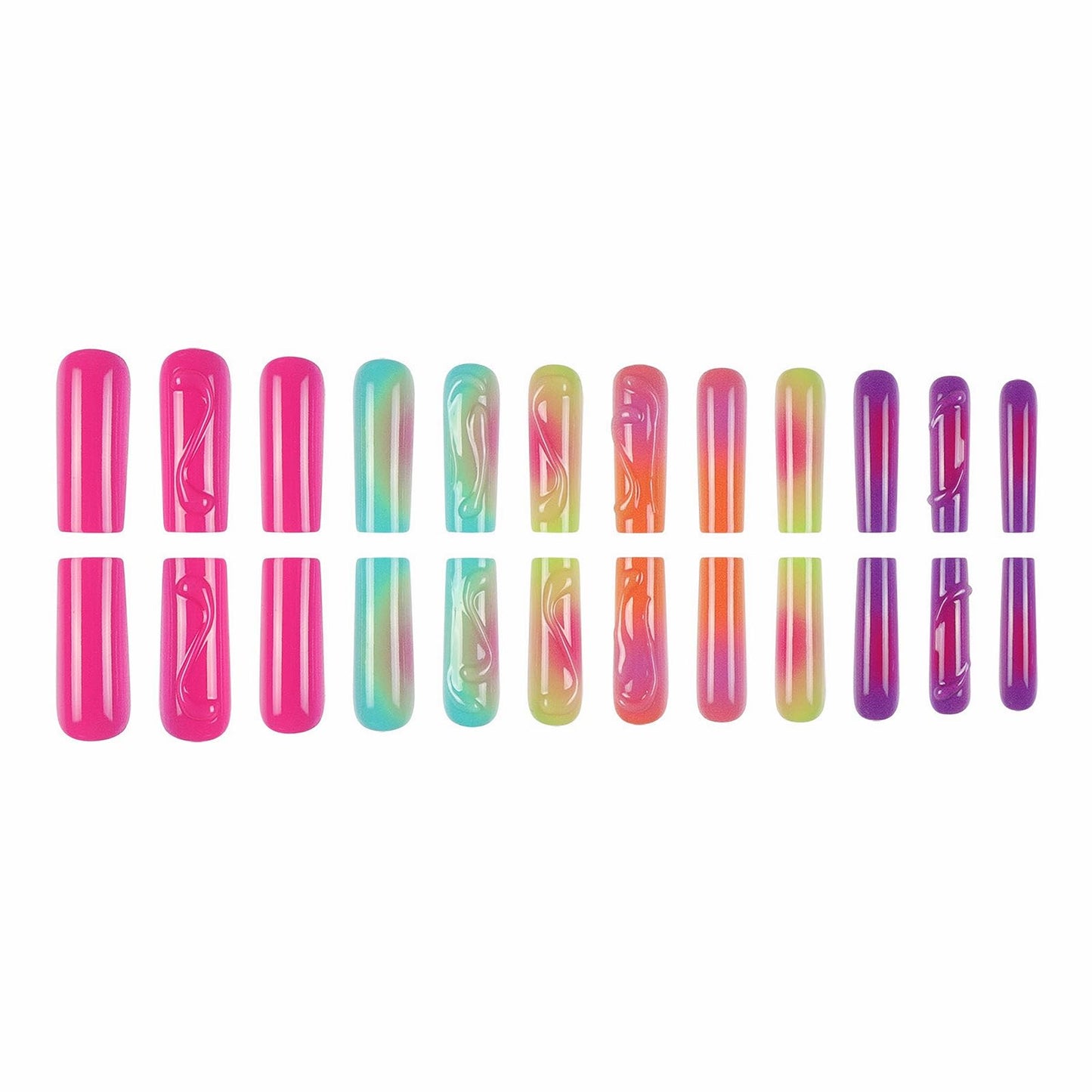 MISUD Press on Nails - Long Square Glue on Nails with Colorful, Acrylic Summer Rainbow Design 24 pcs