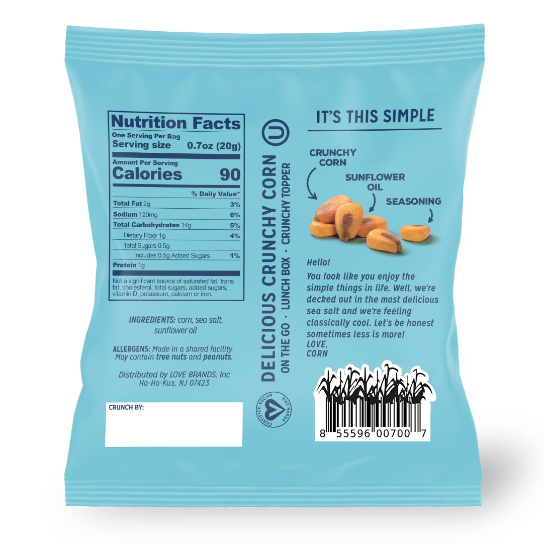 LOVE CORN Sea Salt – Crunchy Roasted Corn Snack, 3 Simple Ingredients, Gluten Free, Non-GMO, Vegan – Alternative to Chips, Nuts & Crackers – Lunchbox, Office & On-the-Go Snacks – 0.7oz × 20 Bags