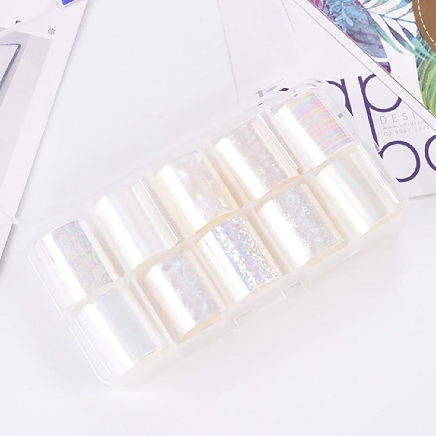 JERCLITY 20 Rolls Aurora Transparent Nail Foil Transfer Sticker Kit - Holographic Nail Art Set With Iridescence Wraps for Nail Art