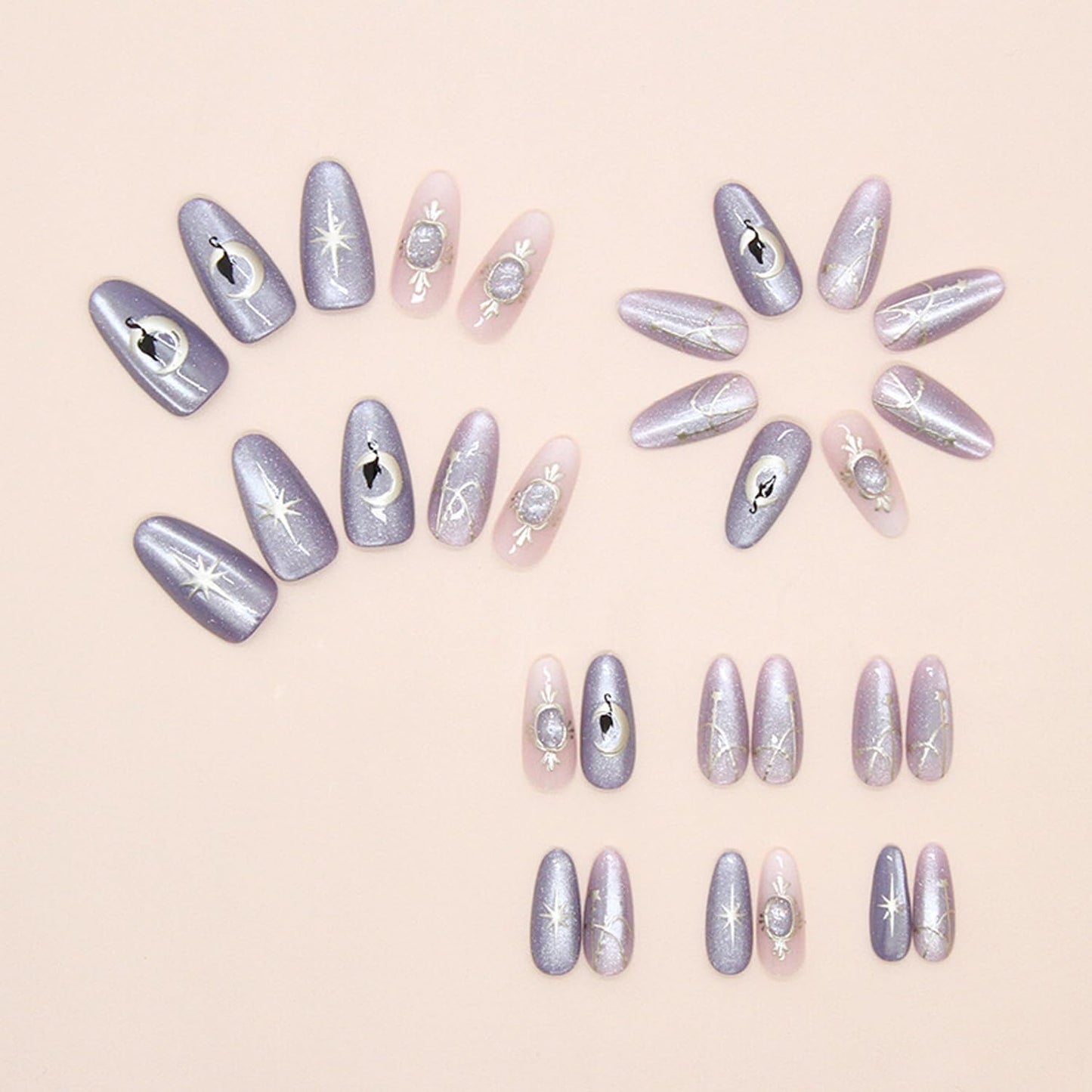 30Pcs Medium Almond Press on Nails Purple Magnetic Shimmer Designs Fake Nails Gold Star Moon False Nails Gold Irregular Lines Artificial Stick on Nails Glossy Full Cover Acrylic Glue on Nail for Women